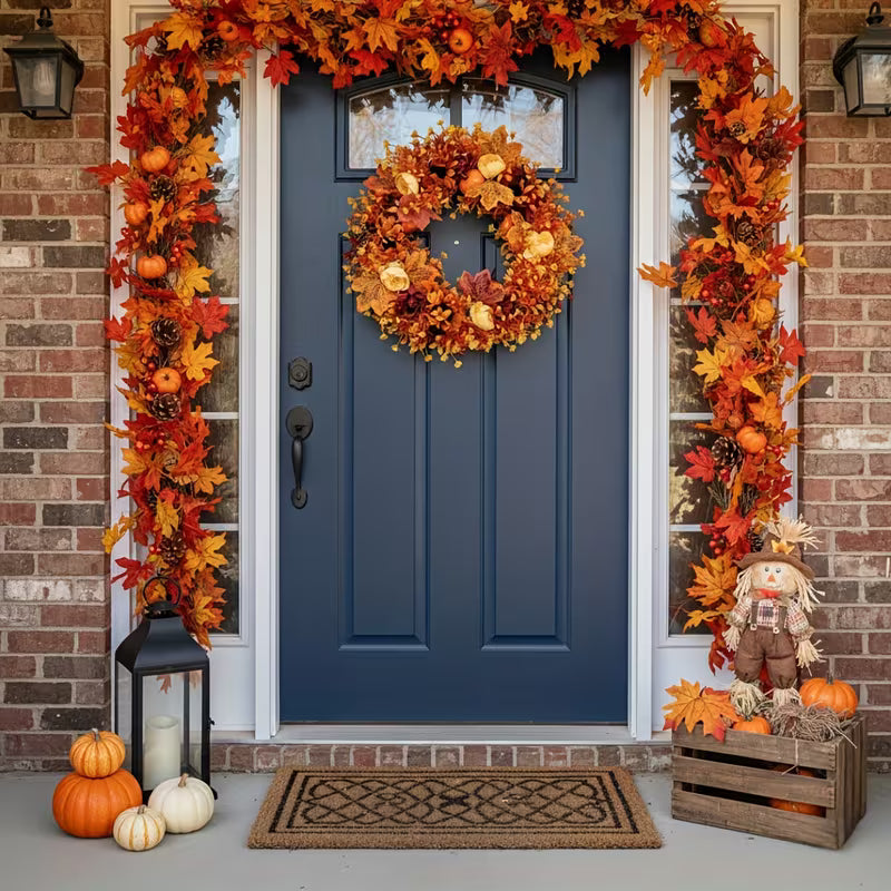 Handcrafted Christmas Wreath - Elegant Fall & Winter Door Hanging Decor with Golden Accents, Durable Plastic Faux Foliage Garland for Fireplace, Wall, Dining Table - No Needed, Easy to Hang, Perfect for Halloween