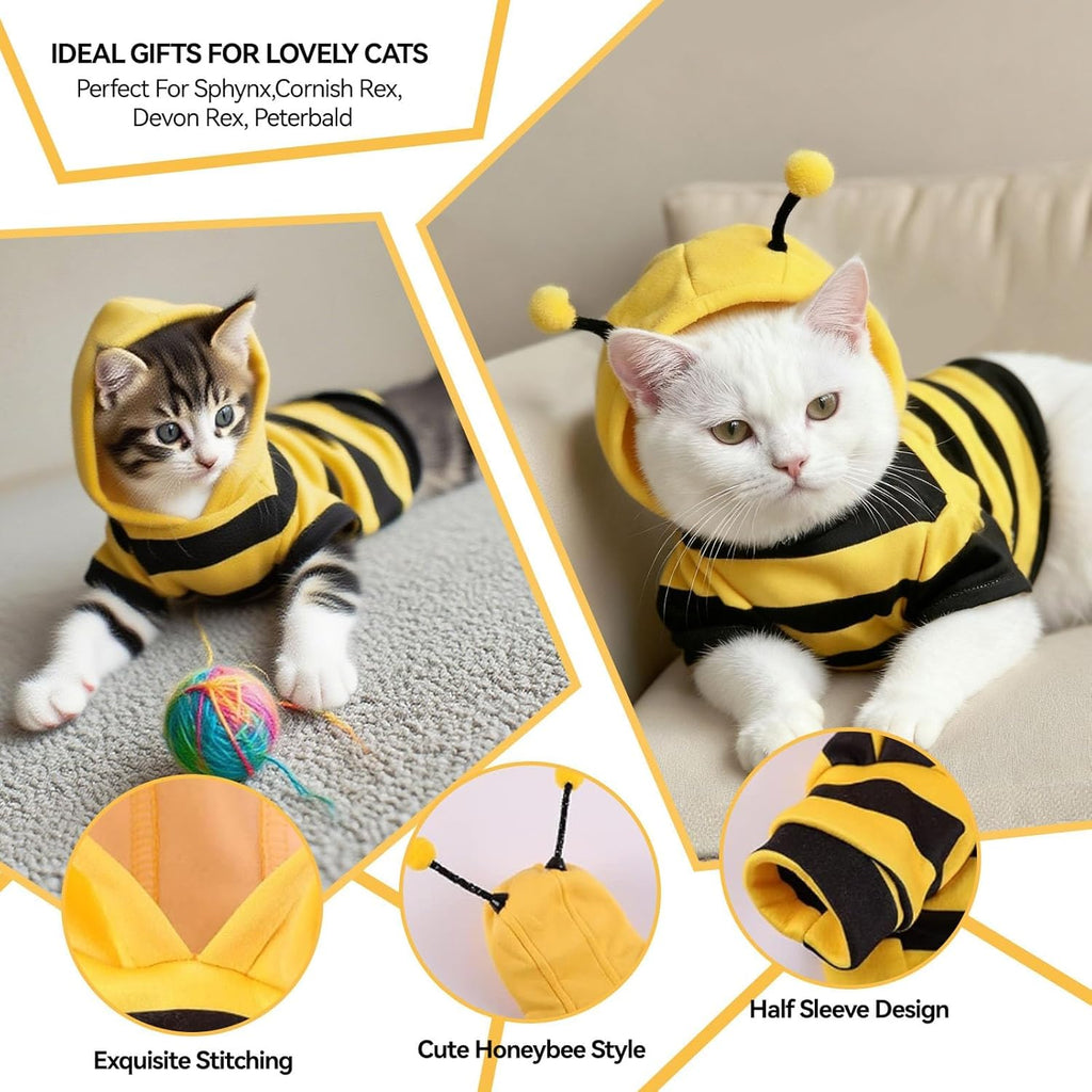 Cat Bee Costume Cat Christmas Costume Cute Cats Clothes Pet Cats Hoodie Warm Kitten Bumblebee Outfit Dog Bee Costumes Holiday Cosplay Puppy Bees Stripes Clothes(Yellow,XS)