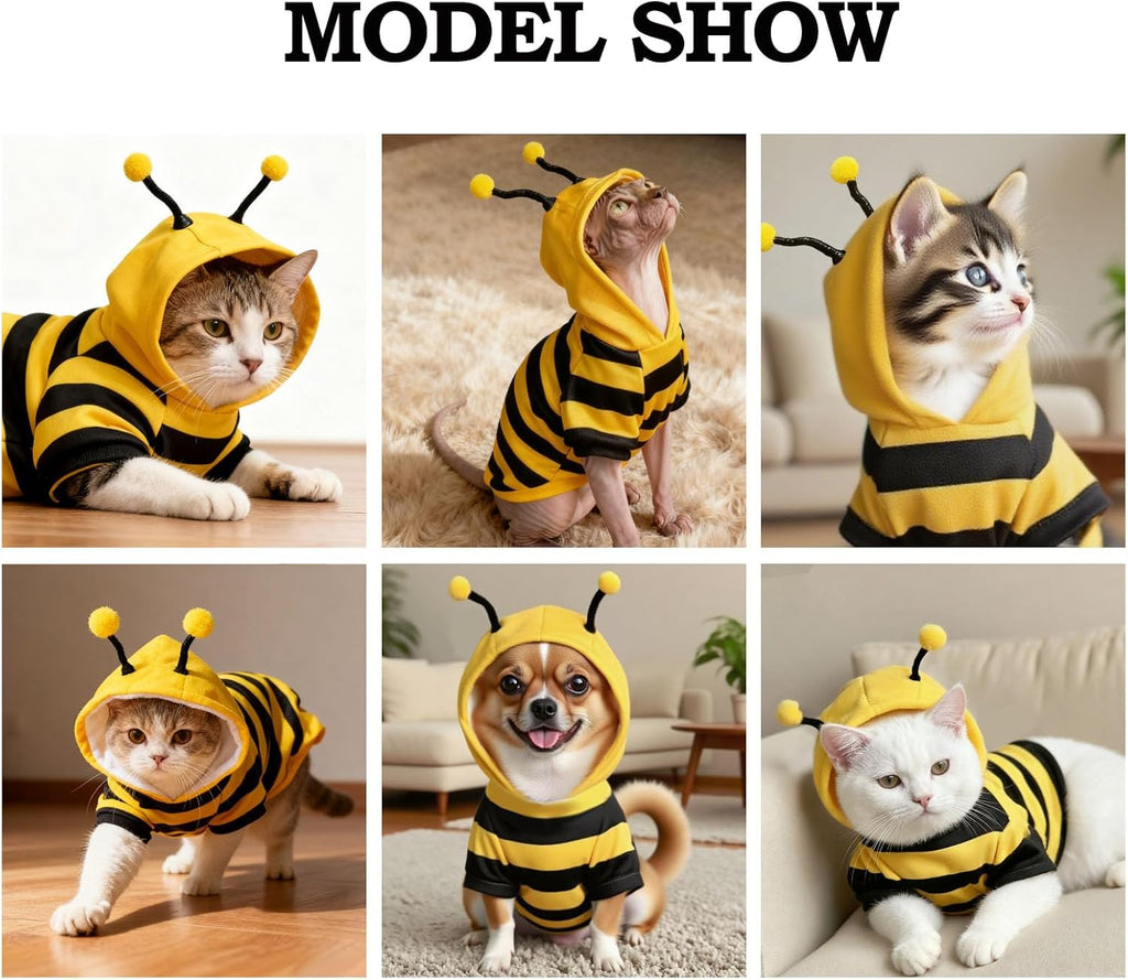 Cat Bee Costume Cat Christmas Costume Cute Cats Clothes Pet Cats Hoodie Warm Kitten Bumblebee Outfit Dog Bee Costumes Holiday Cosplay Puppy Bees Stripes Clothes(Yellow,XS)
