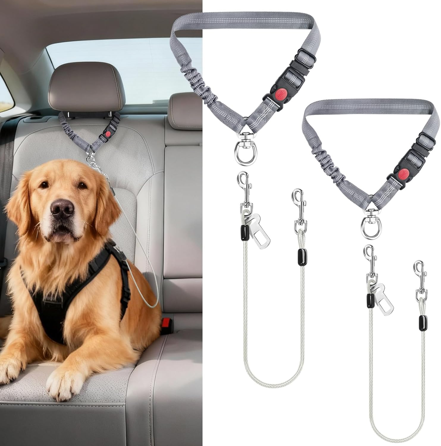 Dog Seat Belt for Car, 2 Pcs Stainless Steel Chew Proof Dog Seatbelt 3 in 1 Harness for Safety Heavy Duty Pet Seat Belt for Medium & Large Dogs (Black+Black)