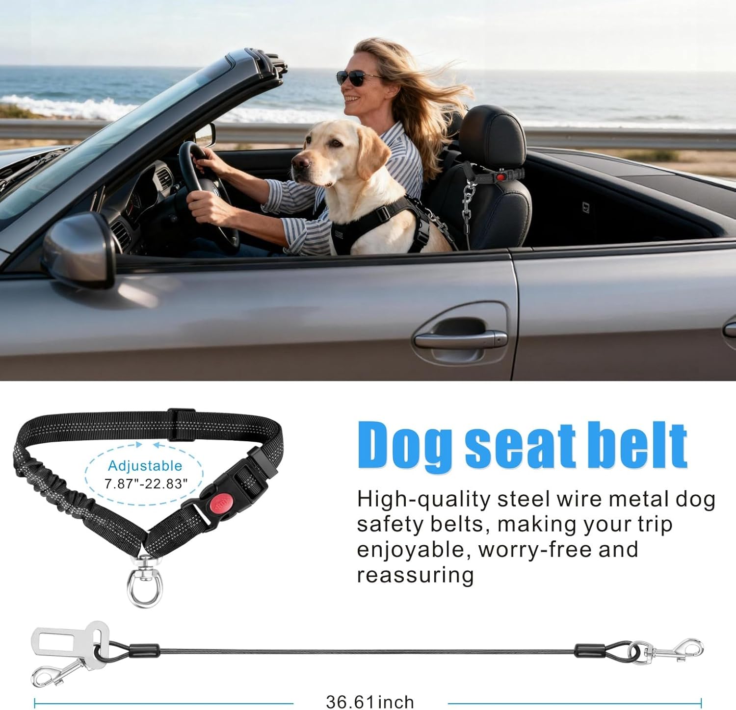 Dog Seat Belt for Car, 2 Pcs Stainless Steel Chew Proof Dog Seatbelt 3 in 1 Harness for Safety Heavy Duty Pet Seat Belt for Medium & Large Dogs (Black+Black)