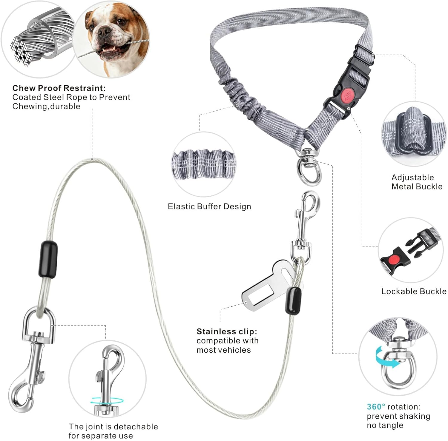 Dog Seat Belt for Car, 2 Pcs Stainless Steel Chew Proof Dog Seatbelt 3 in 1 Harness for Safety Heavy Duty Pet Seat Belt for Medium & Large Dogs (Black+Black)