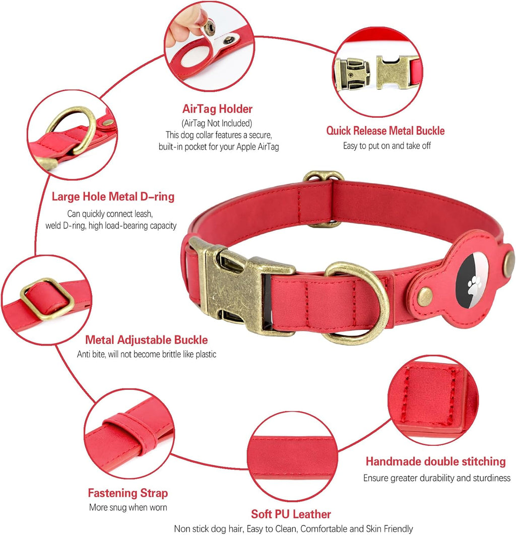 AirTag Dog Collar for Small Dogs Puppy - Soft Leather Dog Collar with Apple AirTag Holder and Metal Buckle - Smart Tracker GPS Apple Air Tag Pet Collars (Red, S)