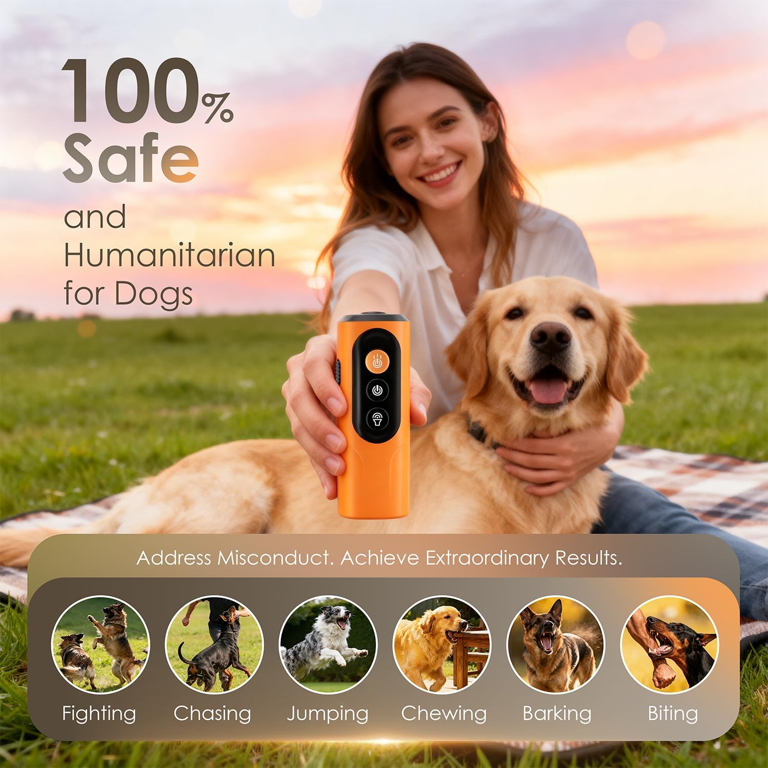 Dog Bark Deterrent Device, 50FT Range Ultrasonic Anti-Barking Tool for Training - Safe & Effective, Rechargeable Orange Handheld with LED for Indoor/Outdoor, Humane No-Collar Alternative
