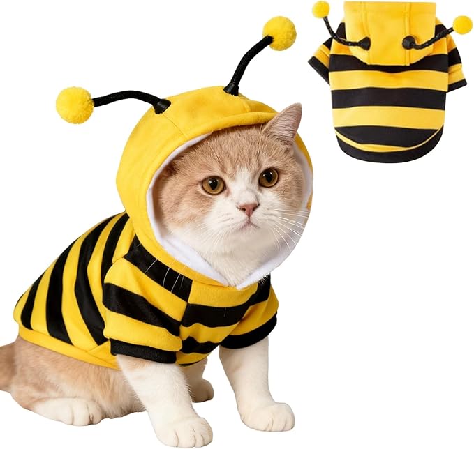 Cat Bee Costume Cat Christmas Costume Cute Cats Clothes Pet Cats Hoodie Warm Kitten Bumblebee Outfit Dog Bee Costumes Holiday Cosplay Puppy Bees Stripes Clothes(Yellow,XS)