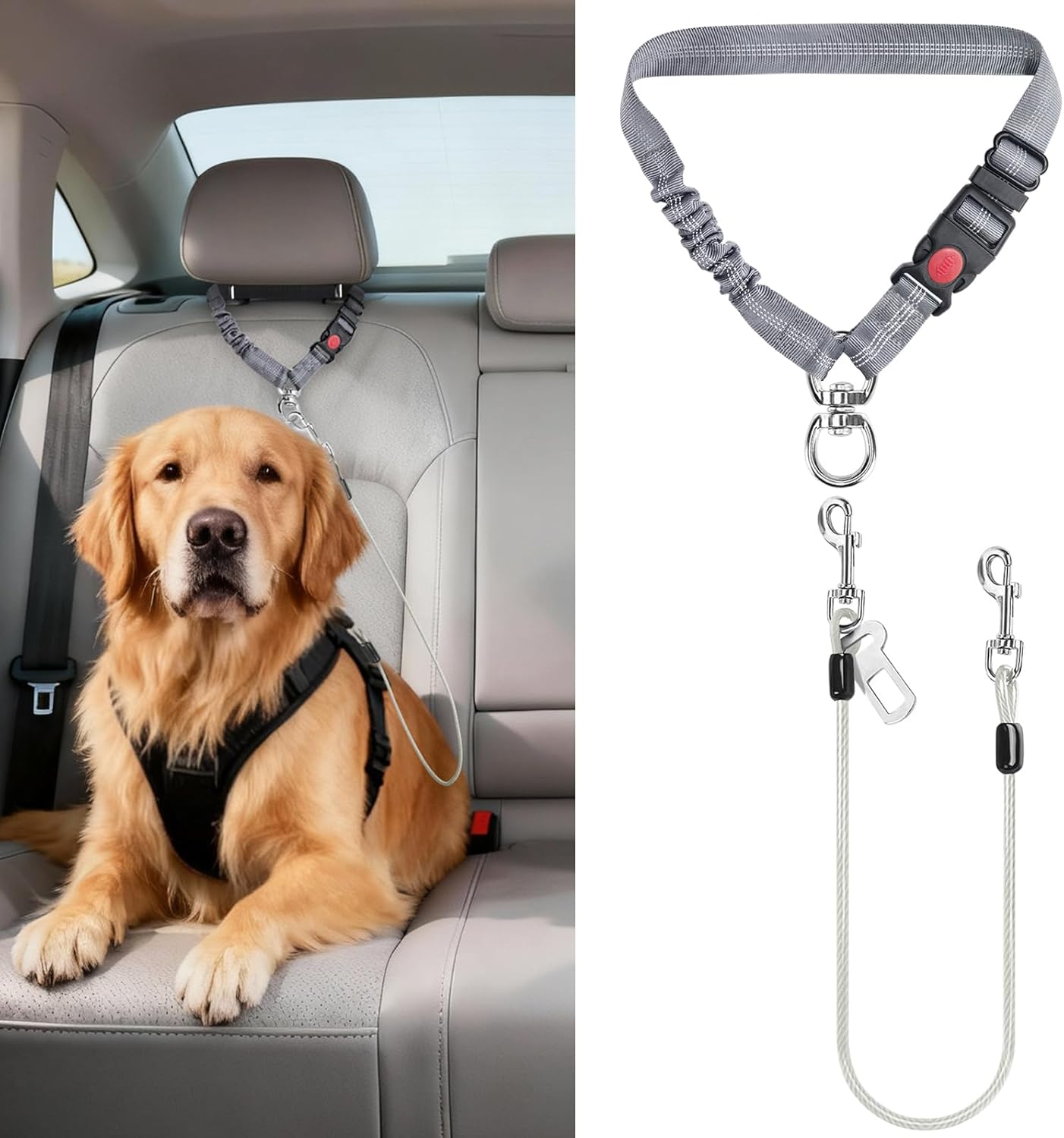 Dog Seat Belt for Car, 2 Pcs Stainless Steel Chew Proof Dog Seatbelt 3 in 1 Harness for Safety Heavy Duty Pet Seat Belt for Medium & Large Dogs (Black+Black)
