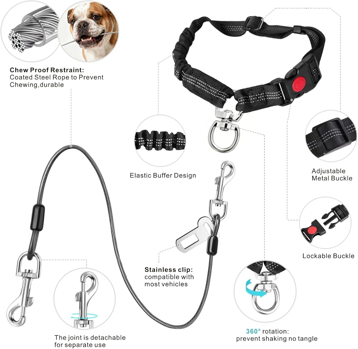 Dog Seat Belt for Car, 2 Pcs Stainless Steel Chew Proof Dog Seatbelt 3 in 1 Harness for Safety Heavy Duty Pet Seat Belt for Medium & Large Dogs (Black+Black)