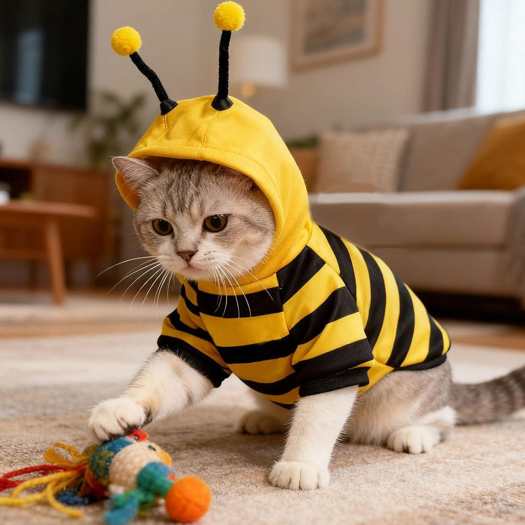 Cat Bee Costume Cat Christmas Costume Cute Cats Clothes Pet Cats Hoodie Warm Kitten Bumblebee Outfit Dog Bee Costumes Holiday Cosplay Puppy Bees Stripes Clothes(Yellow,XS)