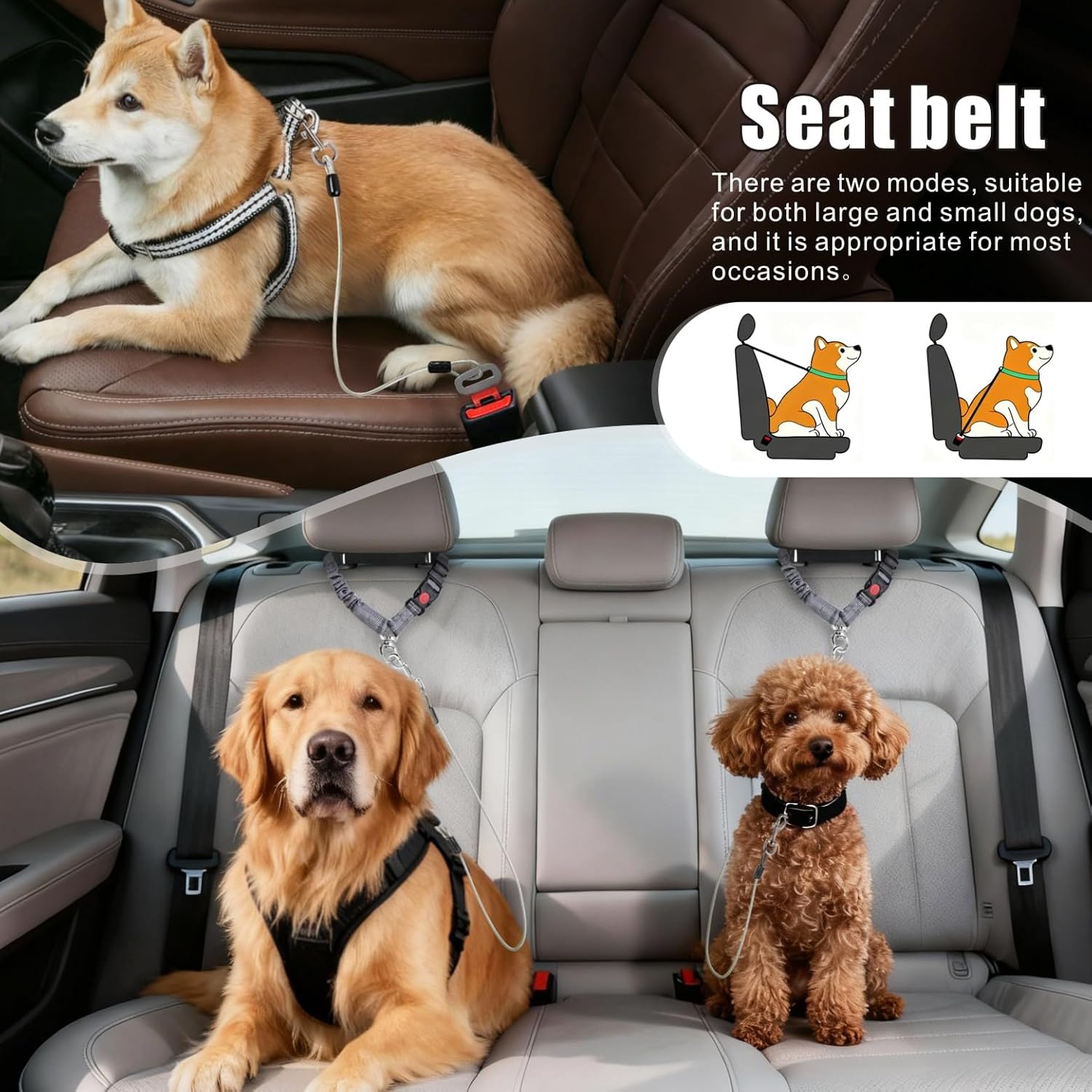 Dog Seat Belt for Car, 2 Pcs Stainless Steel Chew Proof Dog Seatbelt 3 in 1 Harness for Safety Heavy Duty Pet Seat Belt for Medium & Large Dogs (Black+Black)
