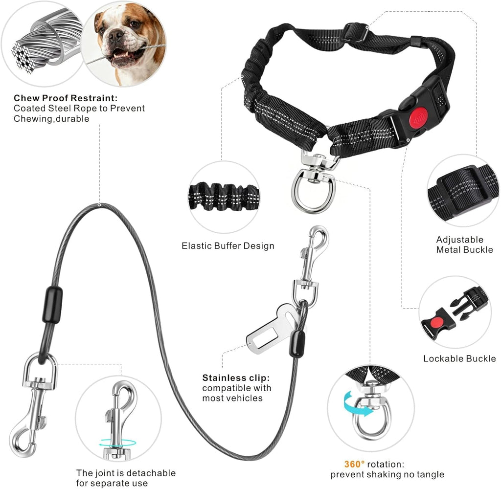 Dog Seat Belt for Car, 2 Pcs Stainless Steel Chew Proof Dog Seatbelt 3 in 1 Harness for Safety Heavy Duty Pet Seat Belt for Medium & Large Dogs (Black+Black)