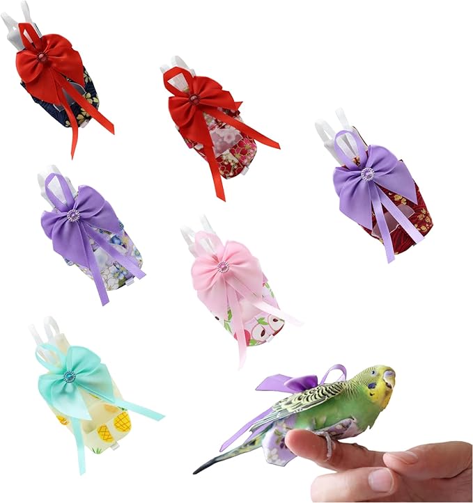 6pcs Bow Bird Diaper Set, Soft Reusable Flight Suit Clothing for Parrots Budgies Cockatiels — Cleaner Indoor Bonding & Training(XS)