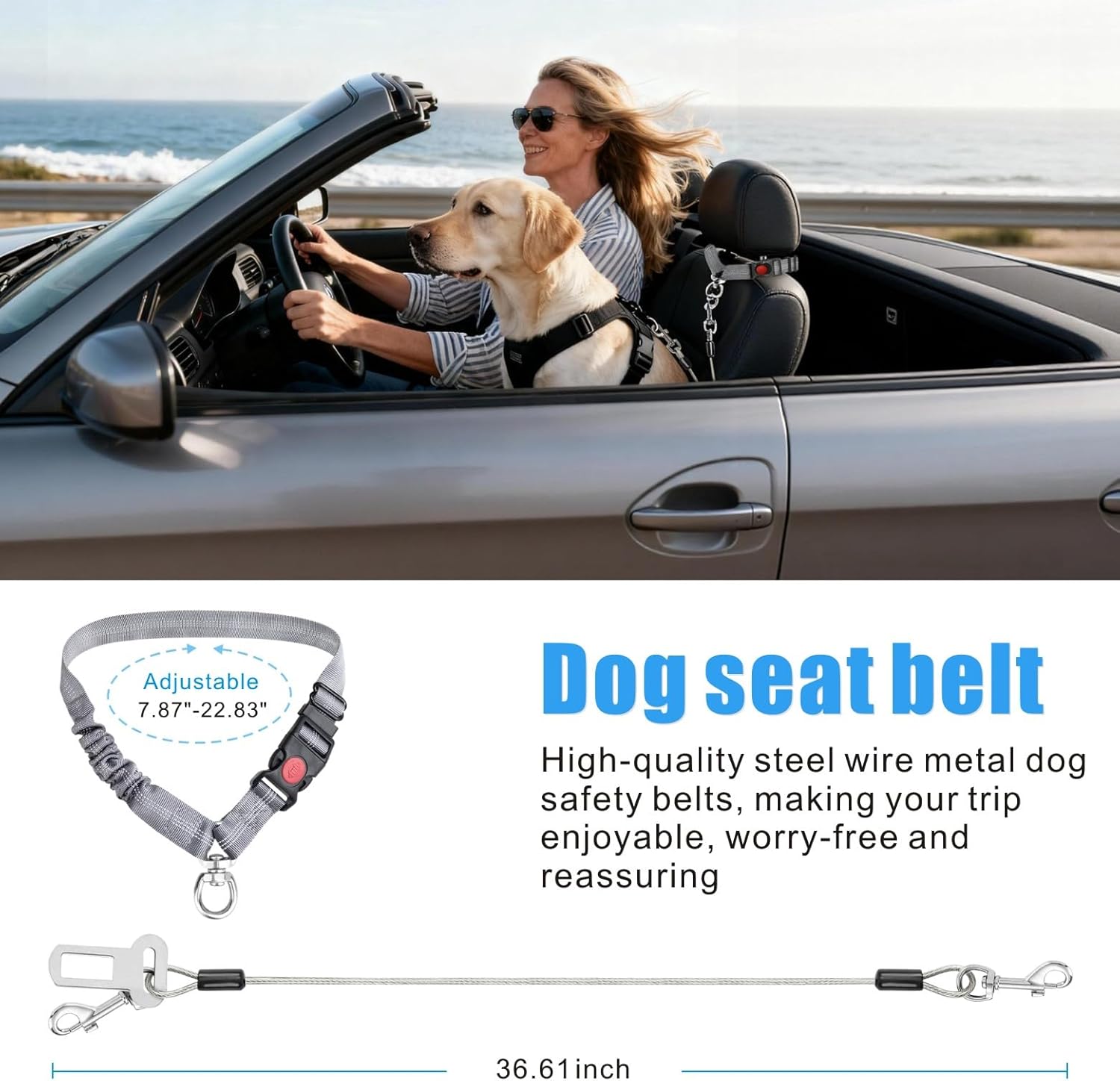 Dog Seat Belt for Car, 2 Pcs Stainless Steel Chew Proof Dog Seatbelt 3 in 1 Harness for Safety Heavy Duty Pet Seat Belt for Medium & Large Dogs (Black+Black)