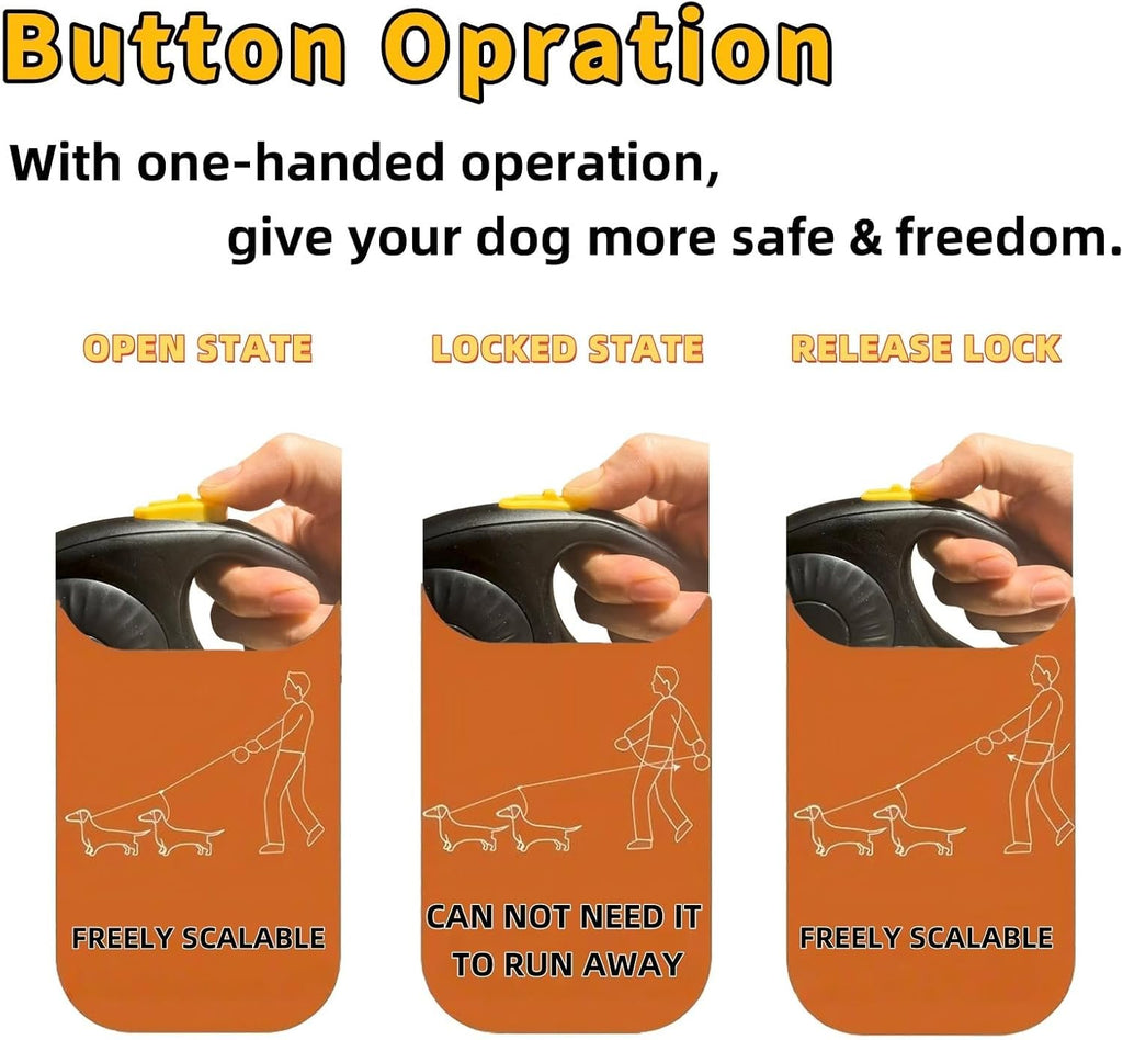 Double Dog Leash for Walking 2 Small Dogs (Up to 33 Lbs Each), Dual Retractable 9.8ft Extendable Strong Nylon Tape Pet Leash with Poop Bags, One-Handed Brake, Pause, Lock (Black)