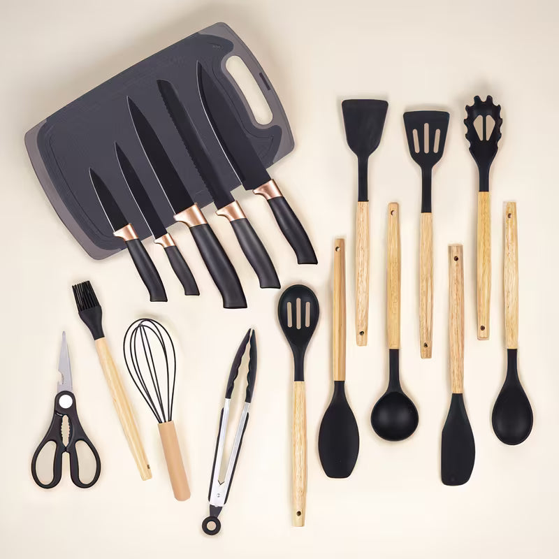 Kitchen Knife Set | 19pcs Premium Silicone Kitchen Utensil & Knife Set - Heat-Resistant, Non-Stick Safe Cooking Tools With Wooden Handles & Chef Knives - Includes Storage Stand | Perfect Gift For Christmas Day, Halloween, Suitable For Home Dormitory