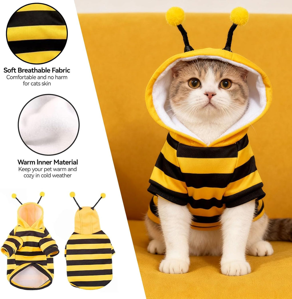 Cat Bee Costume Cat Christmas Costume Cute Cats Clothes Pet Cats Hoodie Warm Kitten Bumblebee Outfit Dog Bee Costumes Holiday Cosplay Puppy Bees Stripes Clothes(Yellow,XS)