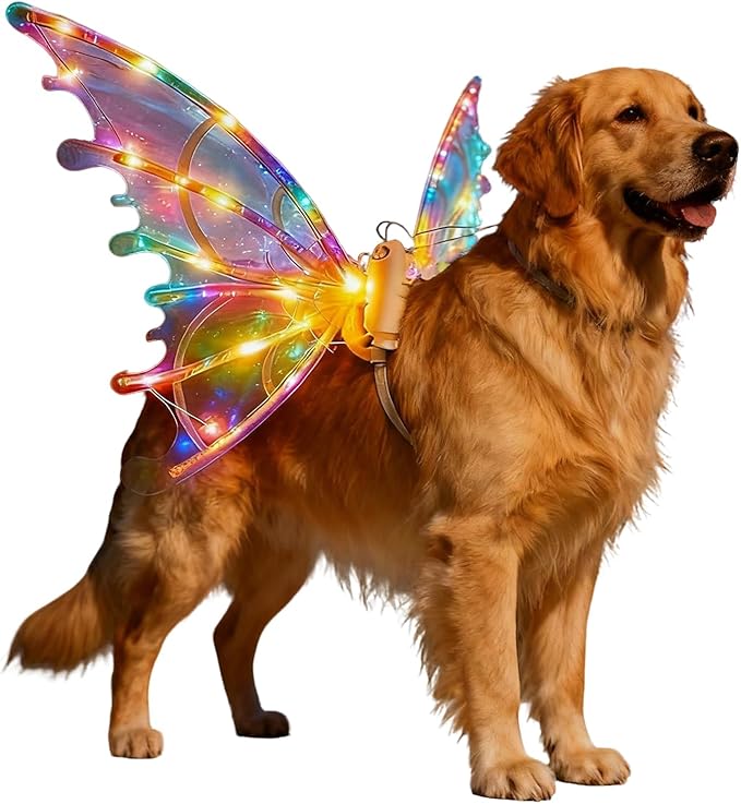 Fairy Wings for Dogs, Pet Glowing Wings Costume with LED Lights, Christmas Cosplay Puppy for Medium Large Dog, Dress Your Dogs Like Butterfly (Colorful - Rechargeable)