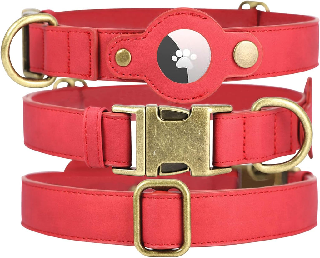 AirTag Dog Collar for Small Dogs Puppy - Soft Leather Dog Collar with Apple AirTag Holder and Metal Buckle - Smart Tracker GPS Apple Air Tag Pet Collars (Red, S)