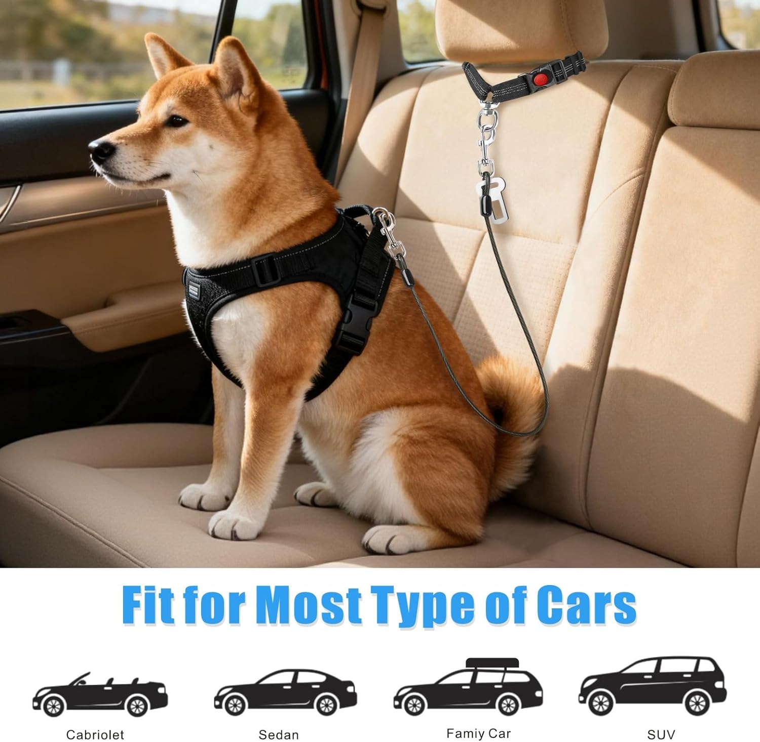 Dog Seat Belt for Car, 2 Pcs Stainless Steel Chew Proof Dog Seatbelt 3 in 1 Harness for Safety Heavy Duty Pet Seat Belt for Medium & Large Dogs (Black+Black)