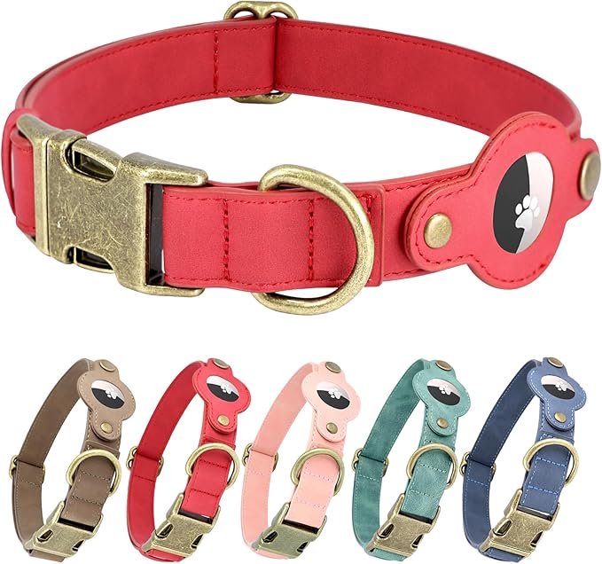 AirTag Dog Collar for Small Dogs Puppy - Soft Leather Dog Collar with Apple AirTag Holder and Metal Buckle - Smart Tracker GPS Apple Air Tag Pet Collars (Red, S)