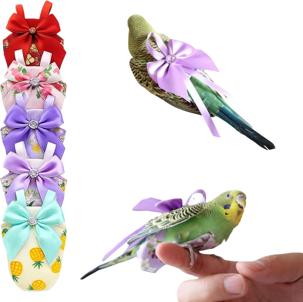 6pcs Bow Bird Diaper Set, Soft Reusable Flight Suit Clothing for Parrots Budgies Cockatiels — Cleaner Indoor Bonding & Training(XS)
