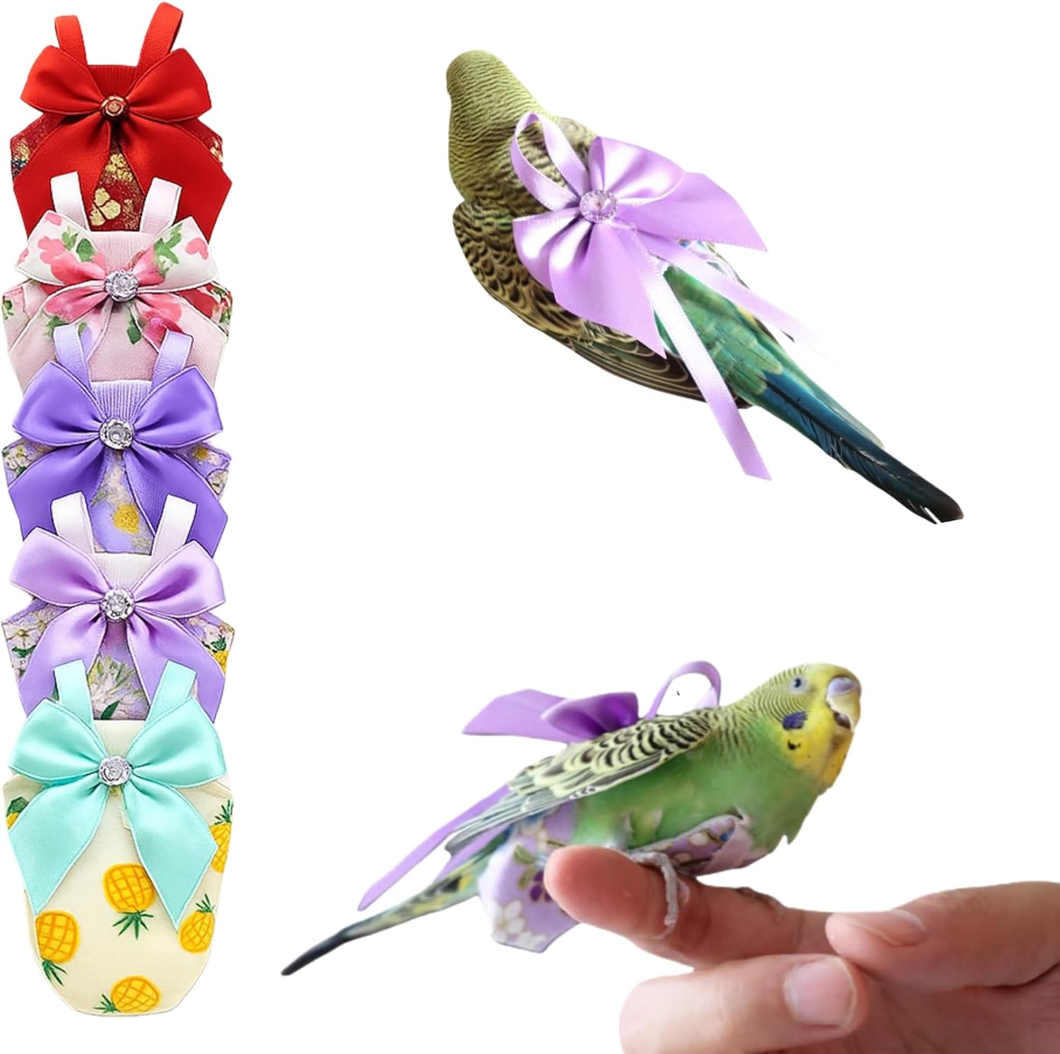 6pcs Bow Bird Diaper Set, Soft Reusable Flight Suit Clothing for Parrots Budgies Cockatiels — Cleaner Indoor Bonding & Training(XS)