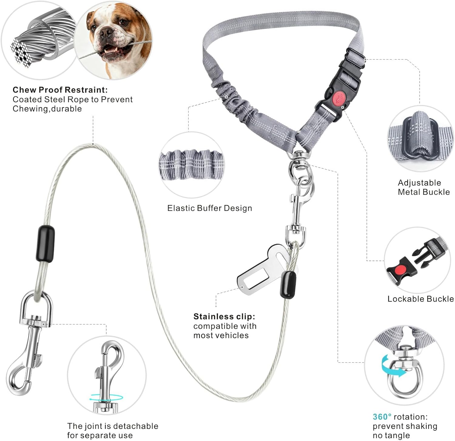 Dog Seat Belt for Car, 2 Pcs Stainless Steel Chew Proof Dog Seatbelt 3 in 1 Harness for Safety Heavy Duty Pet Seat Belt for Medium & Large Dogs (Black+Black)