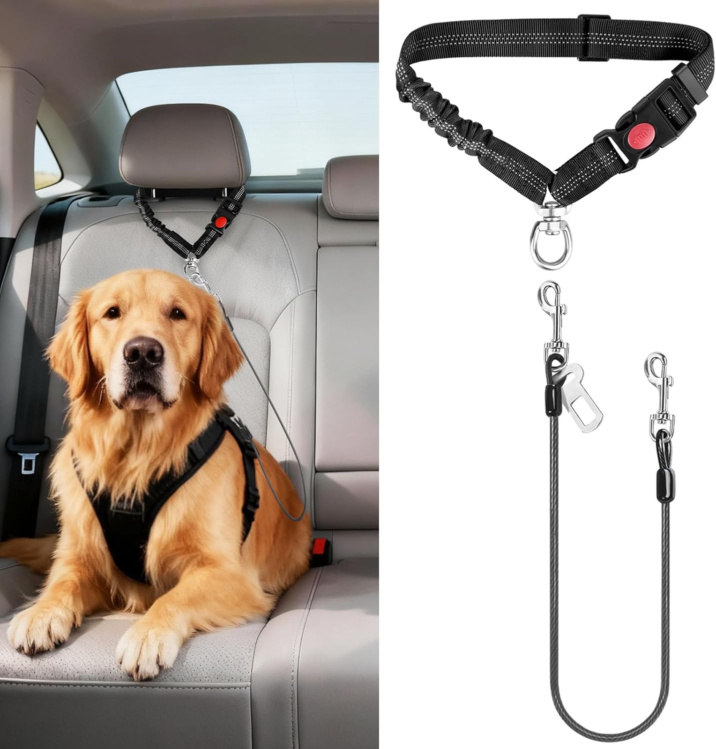 Dog Seat Belt for Car, 2 Pcs Stainless Steel Chew Proof Dog Seatbelt 3 in 1 Harness for Safety Heavy Duty Pet Seat Belt for Medium & Large Dogs (Black+Black)