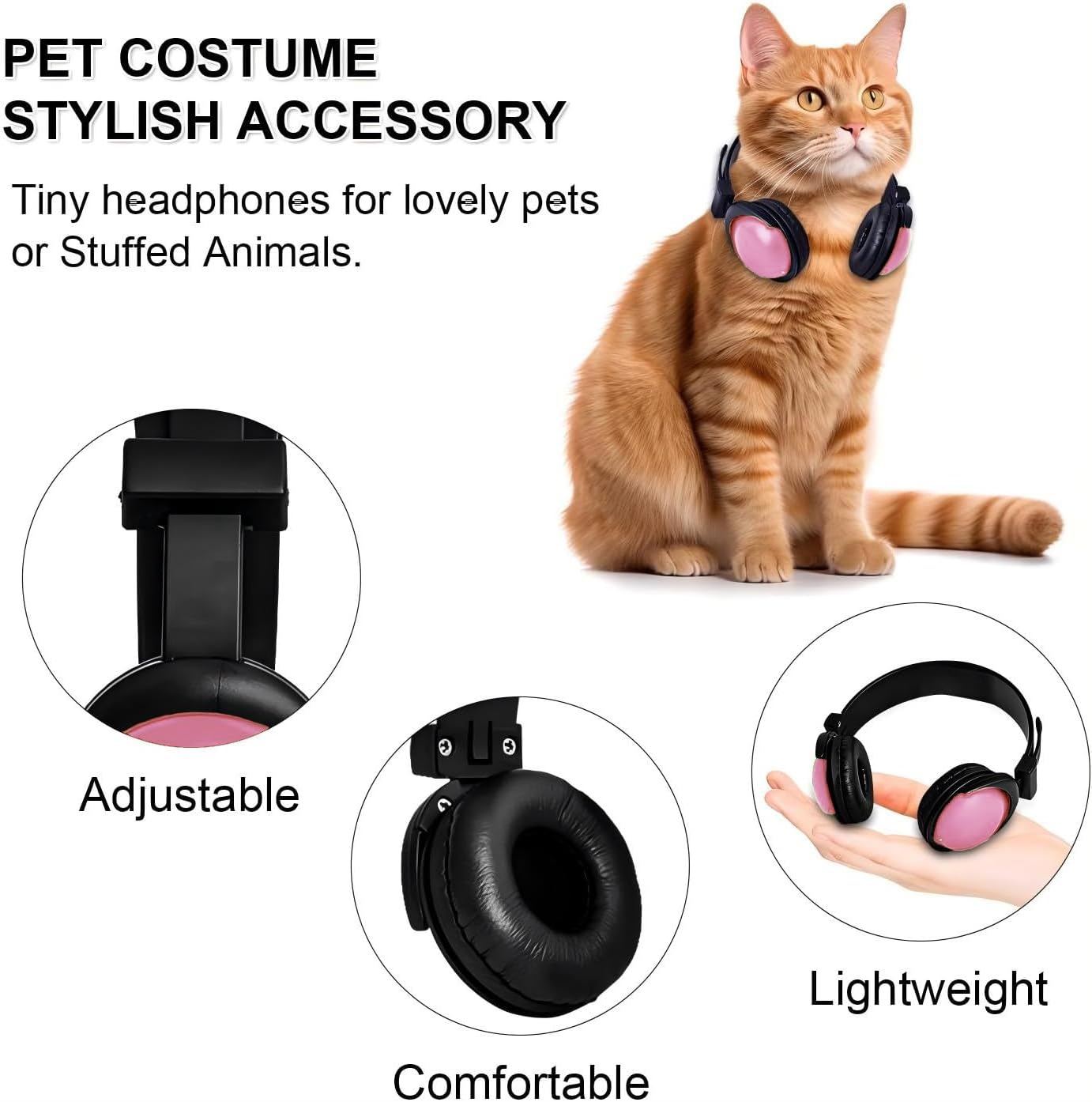 Pet Headphones for Small Dogs & Cats-Adjustable Headband Costume Accessories for Stuffed Animals Dress Up-Cute Party Favors, Cosplay Props, Photo Shoot Supplies-Black&Pink