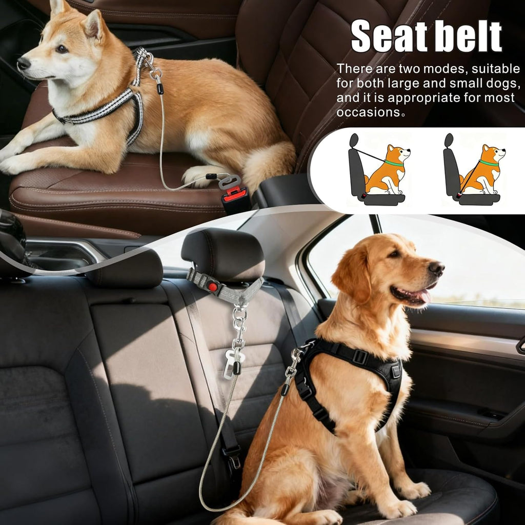 Dog Seat Belt for Car, 2 Pcs Stainless Steel Chew Proof Dog Seatbelt 3 in 1 Harness for Safety Heavy Duty Pet Seat Belt for Medium & Large Dogs (Black+Black)