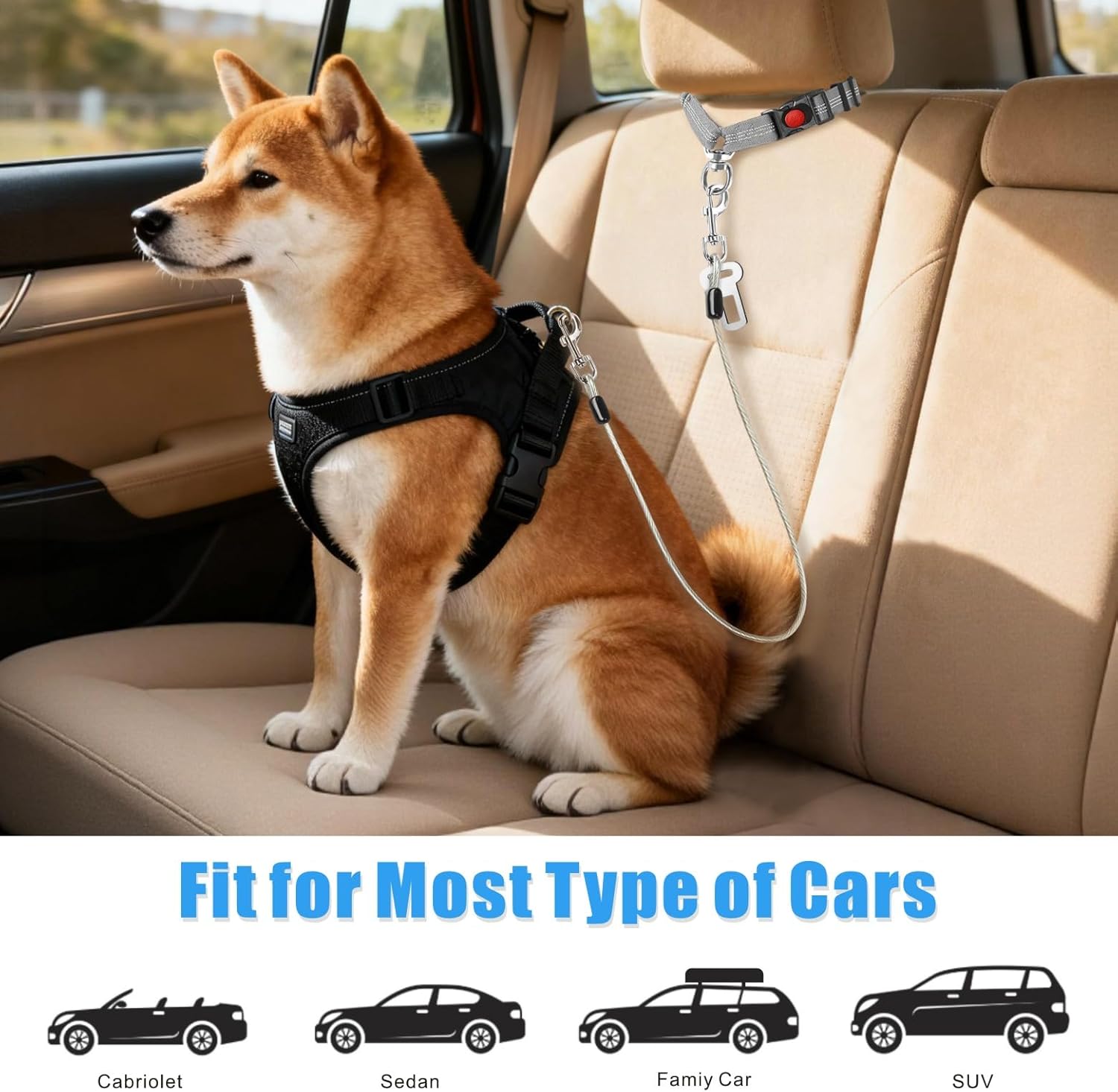 Dog Seat Belt for Car, 2 Pcs Stainless Steel Chew Proof Dog Seatbelt 3 in 1 Harness for Safety Heavy Duty Pet Seat Belt for Medium & Large Dogs (Black+Black)