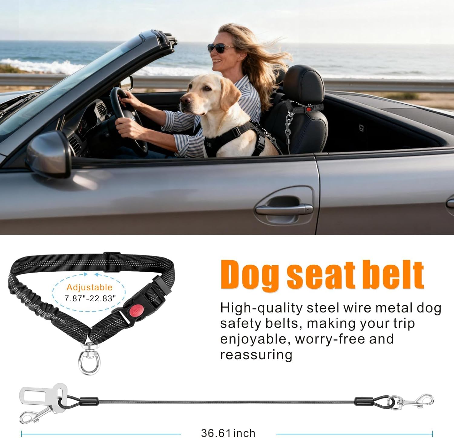 Dog Seat Belt for Car, 2 Pcs Stainless Steel Chew Proof Dog Seatbelt 3 in 1 Harness for Safety Heavy Duty Pet Seat Belt for Medium & Large Dogs (Black+Black)