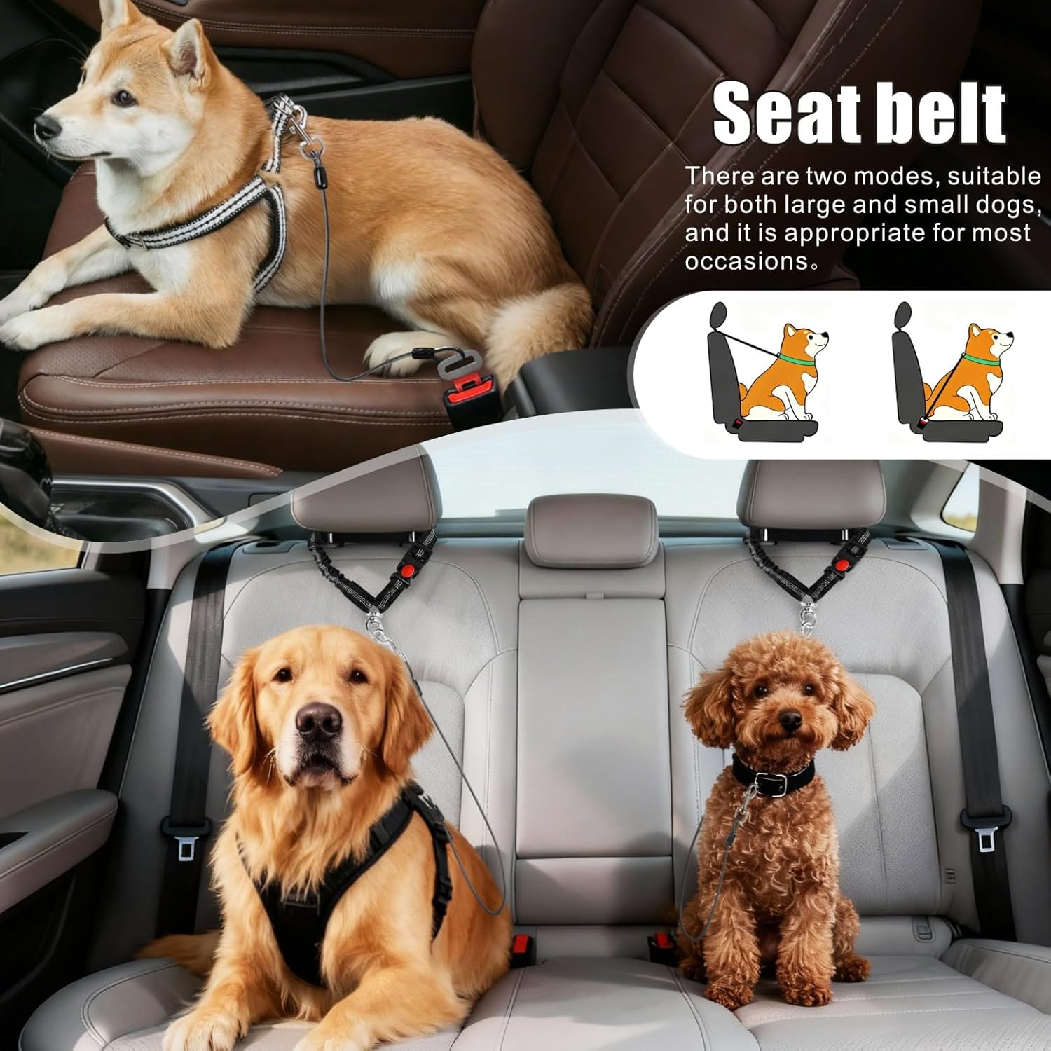 Dog Seat Belt for Car, 2 Pcs Stainless Steel Chew Proof Dog Seatbelt 3 in 1 Harness for Safety Heavy Duty Pet Seat Belt for Medium & Large Dogs (Black+Black)