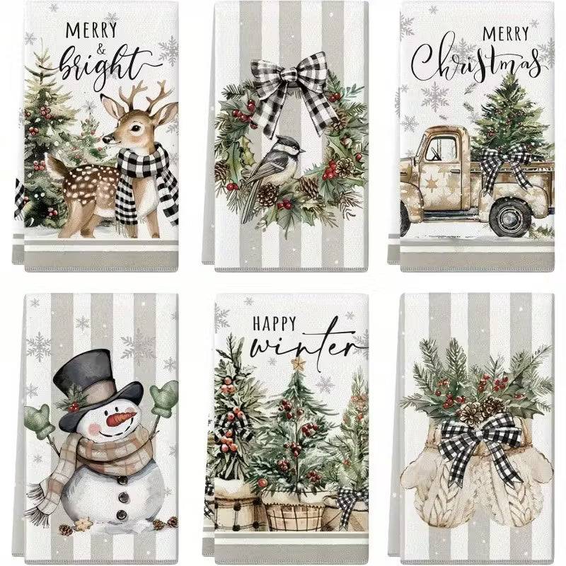 6pcs Festive Christmas Kitchen Towels - 23.62x15.75 Inch, Polyester, Quick-Dry, Absorbent, with Snowman, Reindeer, and Holiday Designs for Kitchen, Dining, and Holiday Decor, Christmas Kitchen Decor