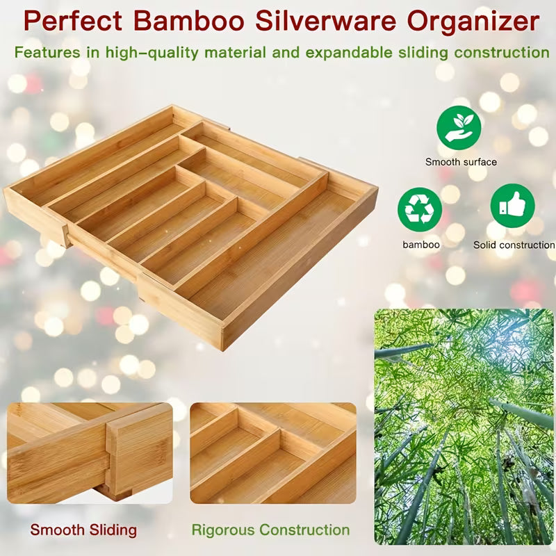 Versatile Bamboo Expandable Drawer Organizer for Cutlery, Adjustable Tray, Wooden Drawer Dividers for Organizing Silverware, Cutlery And Knives in The Kitchen, Bedroom Or Living Room