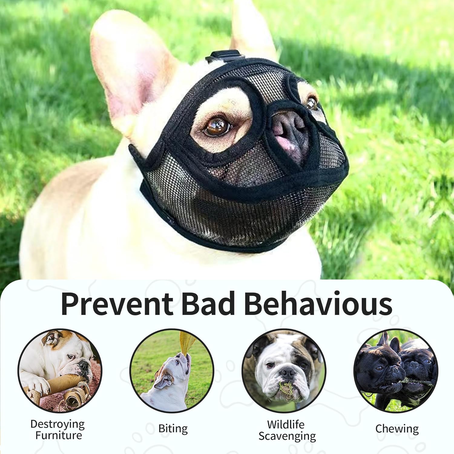 Short Snout Dog Muzzle, French Bulldog Muzzle with Soft Mesh Adjustable Anti Bitting Chewing Barking for Medium Large Breeds Pug/Shih Tzu/Boston Terrier Grey L-3