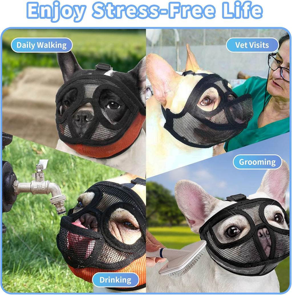 Short Snout Dog Muzzle, French Bulldog Muzzle with Soft Mesh Adjustable Anti Bitting Chewing Barking for Medium Large Breeds Pug/Shih Tzu/Boston Terrier Grey L-3