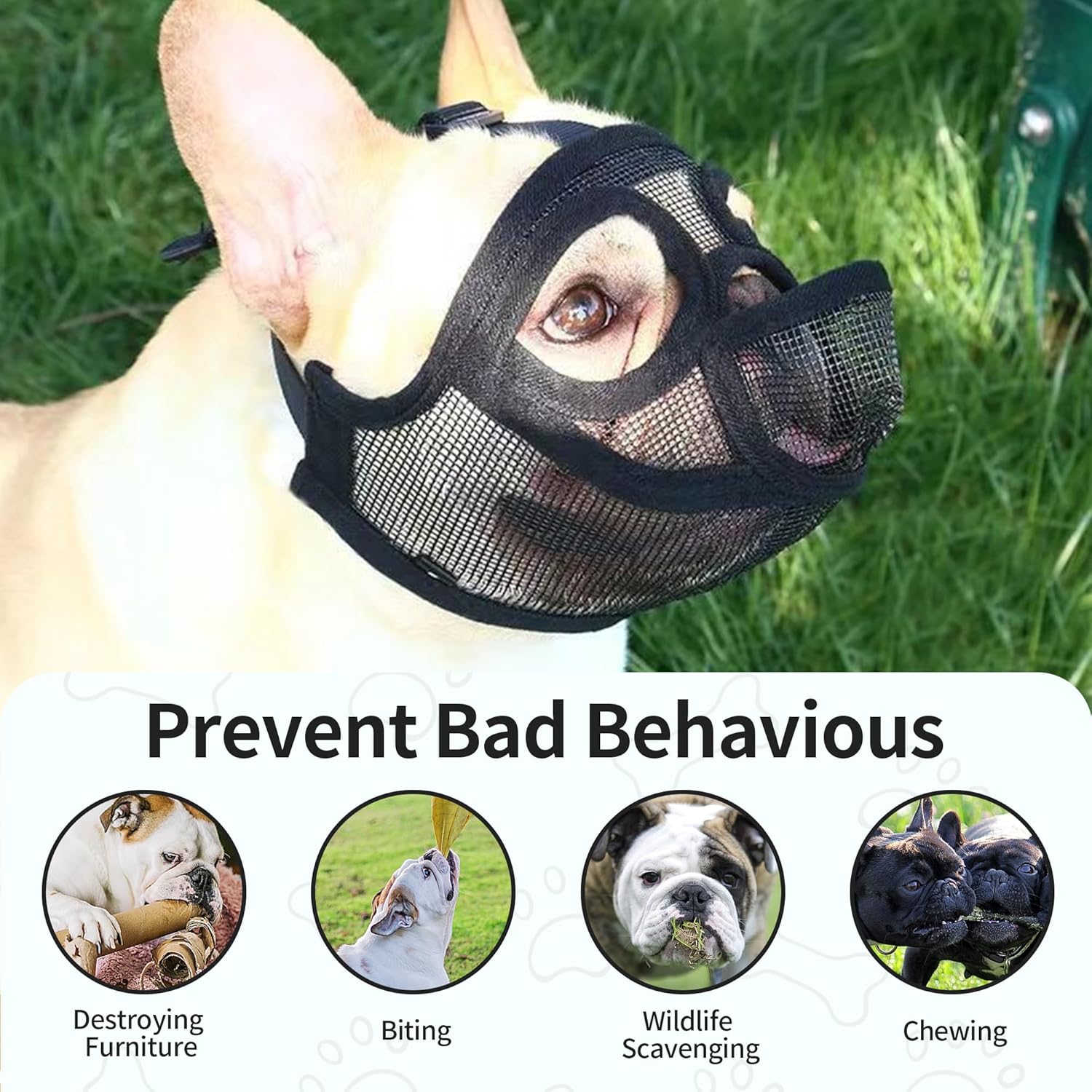 Short Snout Dog Muzzle, French Bulldog Muzzle with Soft Mesh Adjustable Anti Bitting Chewing Barking for Medium Large Breeds Pug/Shih Tzu/Boston Terrier Grey L-3