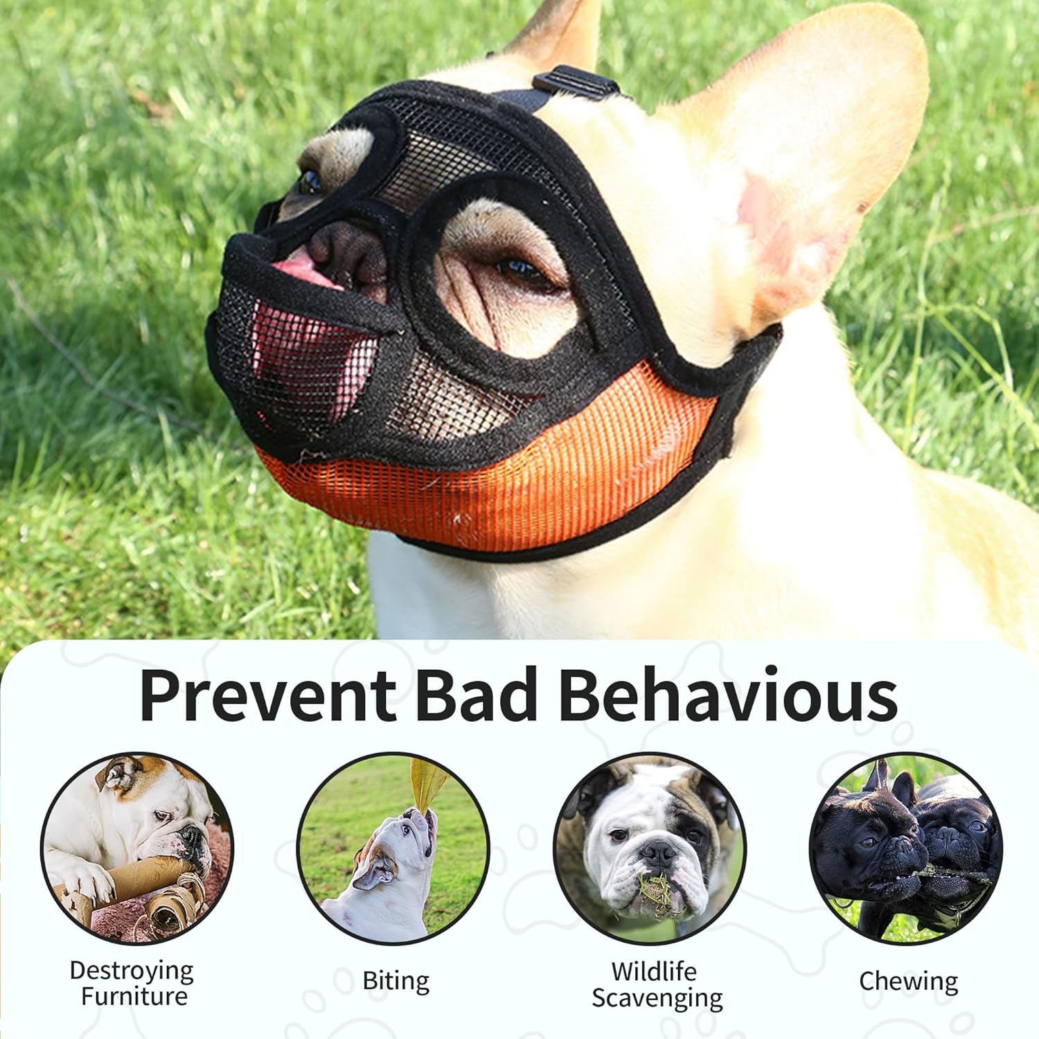 Short Snout Dog Muzzle, French Bulldog Muzzle with Soft Mesh Adjustable Anti Bitting Chewing Barking for Medium Large Breeds Pug/Shih Tzu/Boston Terrier Grey L-3