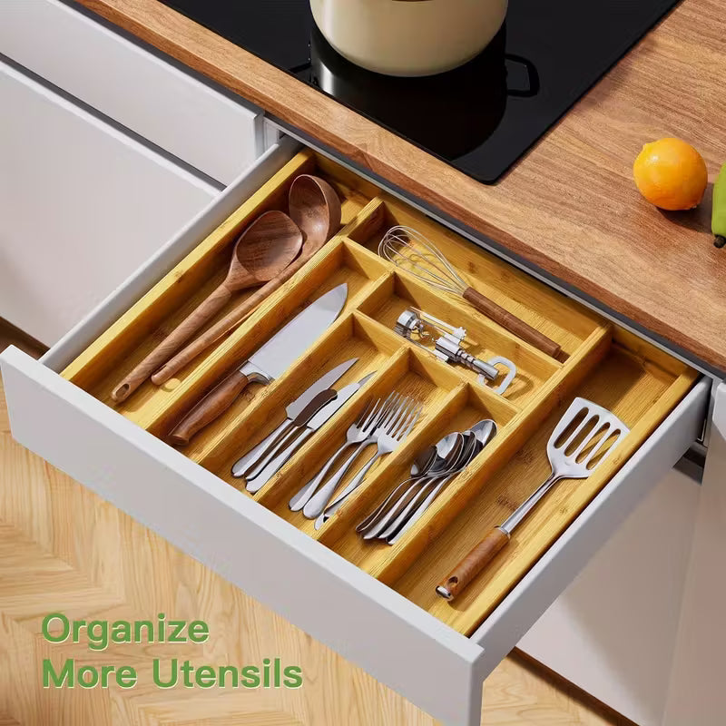 Versatile Bamboo Expandable Drawer Organizer for Cutlery, Adjustable Tray, Wooden Drawer Dividers for Organizing Silverware, Cutlery And Knives in The Kitchen, Bedroom Or Living Room